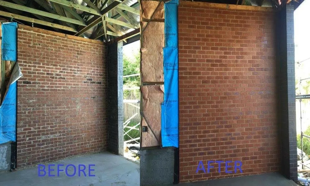Before and after comparison of a brick wall during construction, showing cement film removed from the face of the brickwork