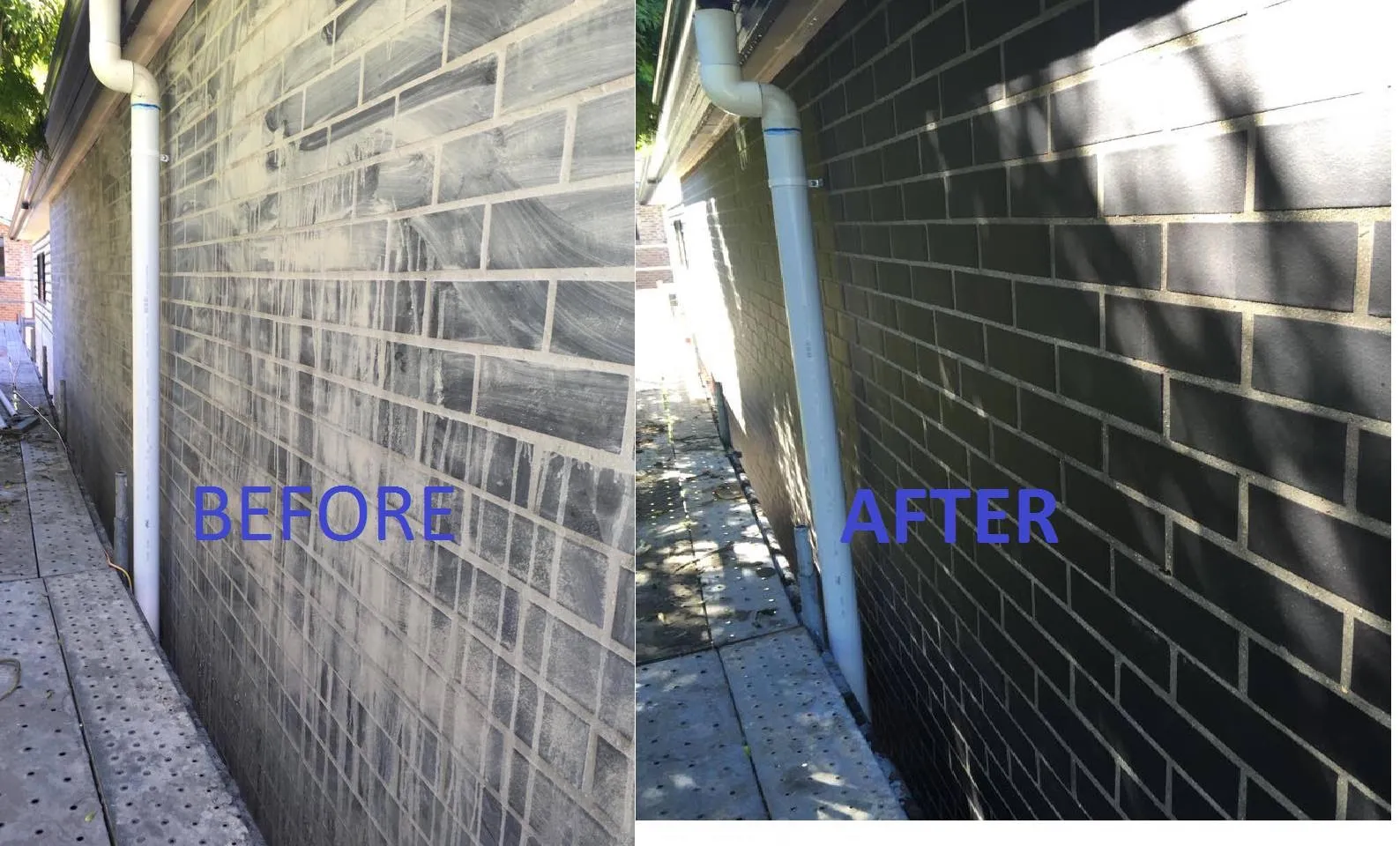 Before and after comparison of a dark brick side passage wall, heavily soiled on the left and cleaned on the right